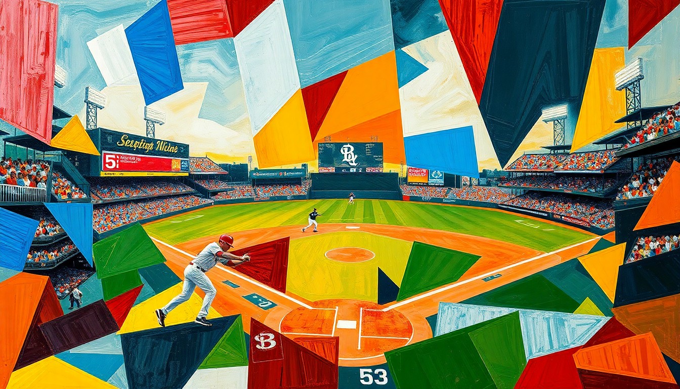 A cubist-style painting depicting a baseball game in progress, with the players and field broken down into overlapping geometric shapes and planes, conveying the dynamic energy and tension of the sport.