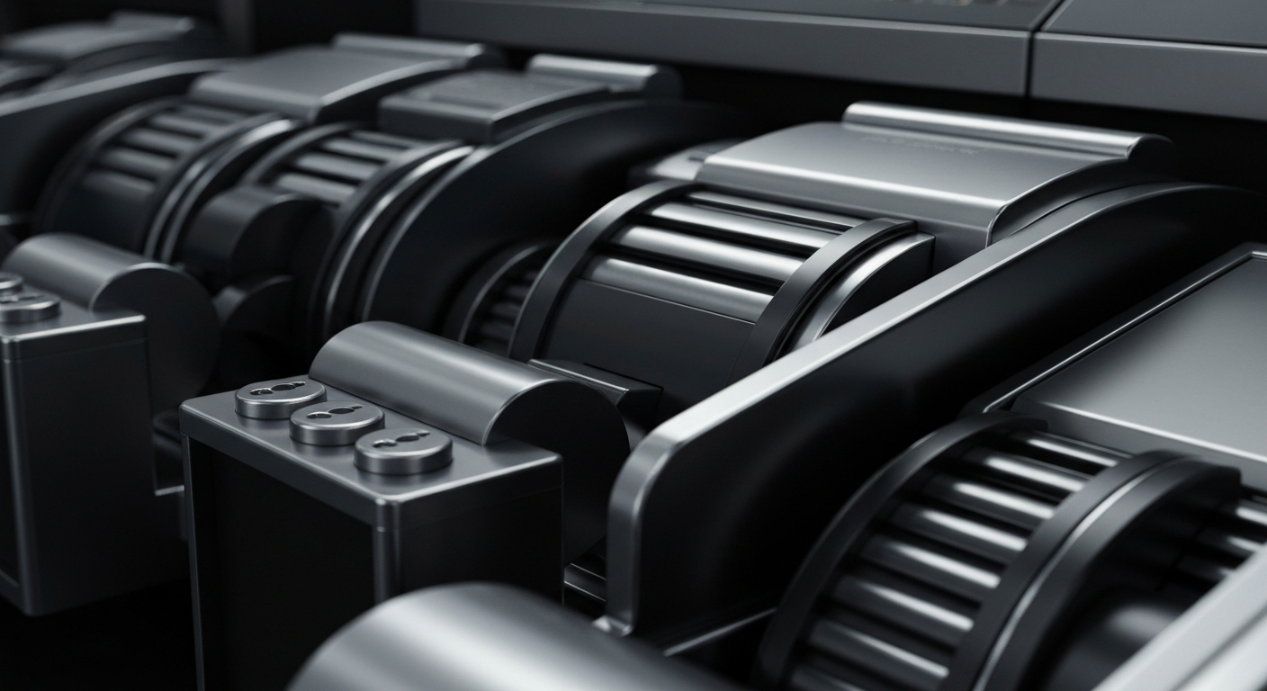 An extreme close-up of intricate, industrial banking machinery and equipment in muted tones, conveying the institutional power and security of the financial industry.