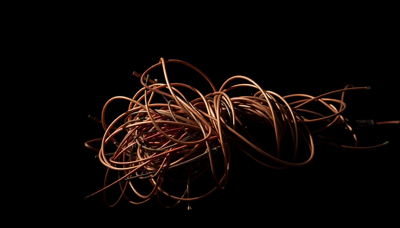 An extreme close-up photograph of a tangled bundle of copper wires, the dramatic lighting and stark contrast creating a gritty, investigative aesthetic that conceptually represents the physical evidence of the copper wire theft.