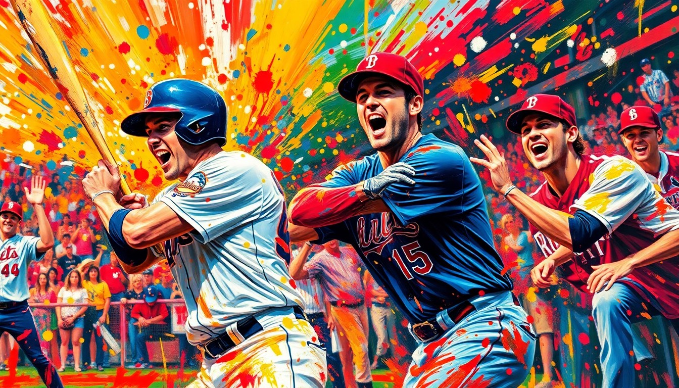 An abstract expressionist painting in vibrant neon colors, with rapid brushstrokes capturing the dynamic motion and energy of a baseball game-winning rally, the players' forms dissolving into colorful splatters.