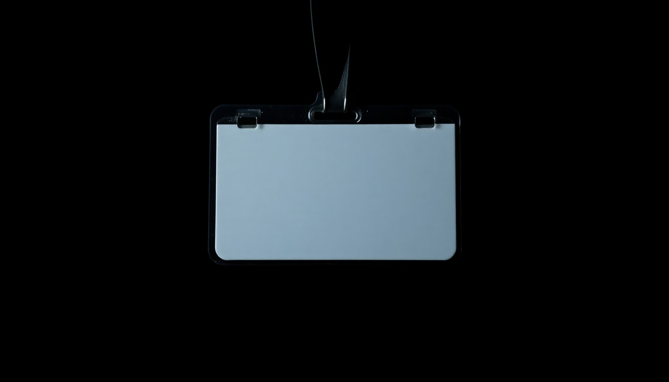 An extreme close-up photograph of a school ID badge or security keycard, reflecting a harsh, direct camera flash and creating a stark, gritty, investigative aesthetic that conceptually represents the troubling incidents of school employee violence.