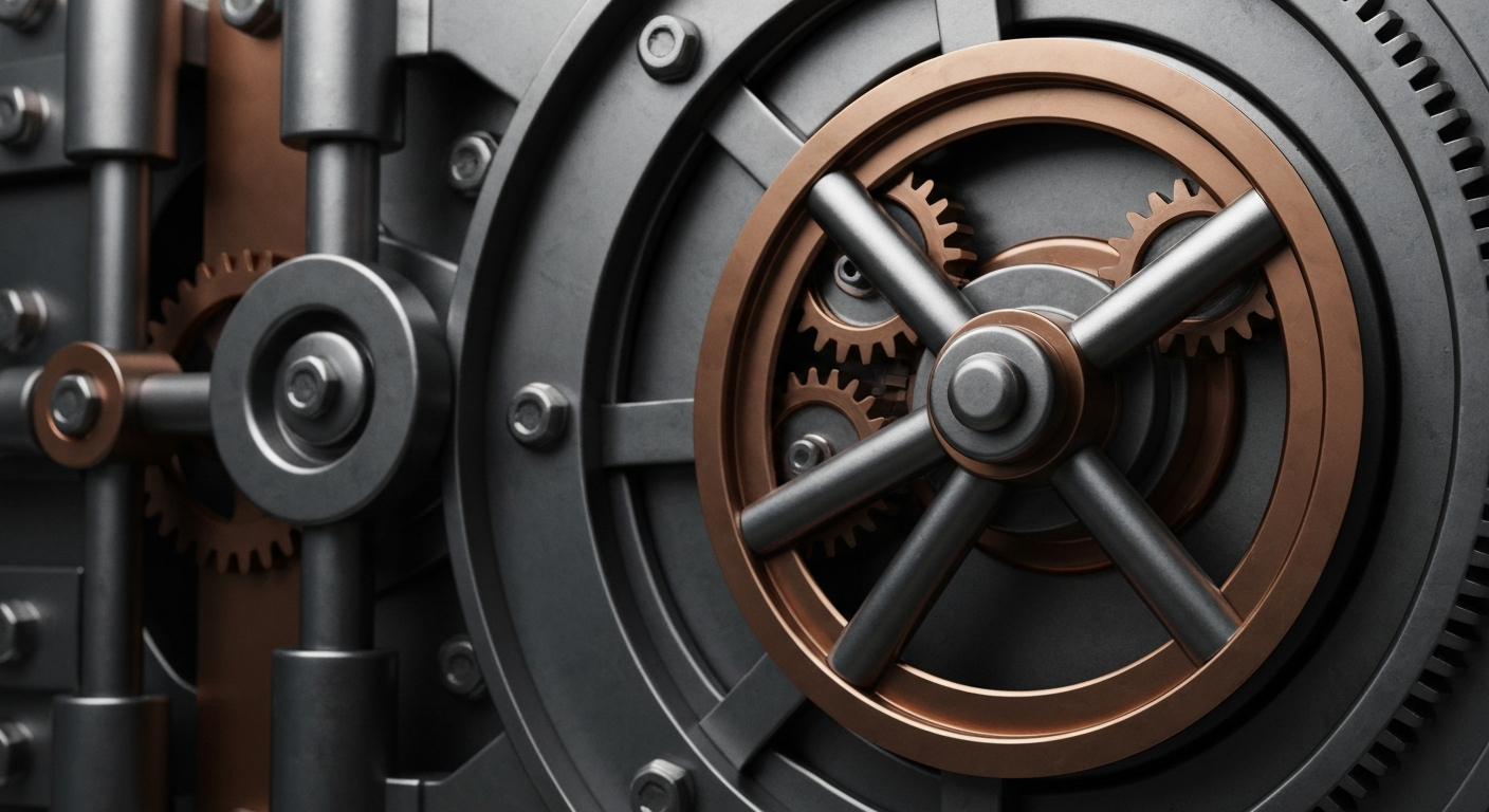 An extreme close-up of a complex bank vault mechanism, with gears, levers, and intricate machinery in shades of steel grey and copper, conceptually representing the secure financial infrastructure behind the new government savings program.