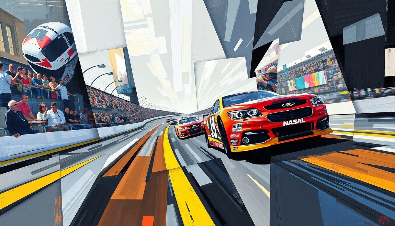 A fragmented, geometric painting depicting a NASCAR race scene broken down into overlapping planes of color and shape, conveying the intense physicality and determination of the sport.