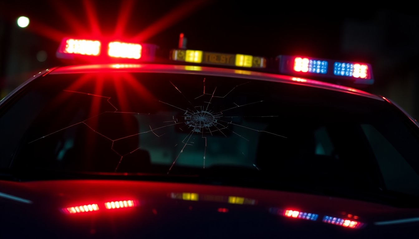 An extreme close-up photograph of the flashing red and blue lights of a police car reflected on a cracked and damaged windshield, creating a stark, gritty, and investigative visual aesthetic.