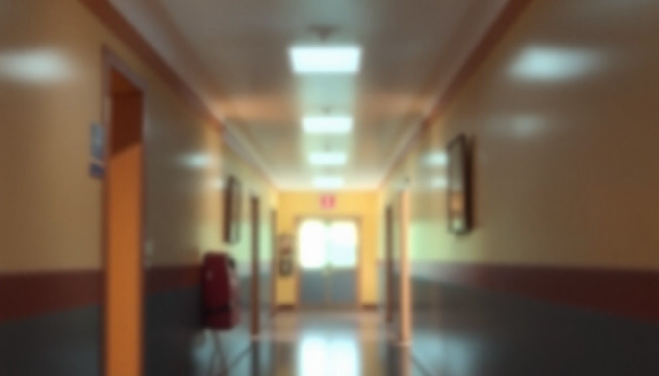 A hazy, impressionistic photograph of a school hallway, with blurred lockers and classroom doors visible through a soft, warm glow of light, conveying a sense of nostalgia and contemplation around the future of local schools.