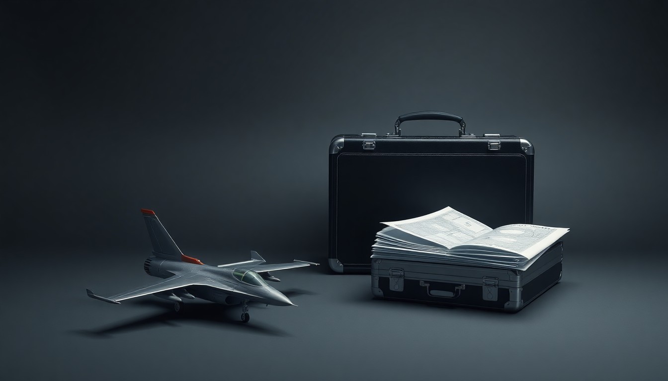 A photorealistic studio still life featuring a polished metal model of a fighter jet, a sleek aluminum briefcase, and a stack of technical blueprints, conveying the precision and power of Lockheed Martin's aerospace and defense technology.