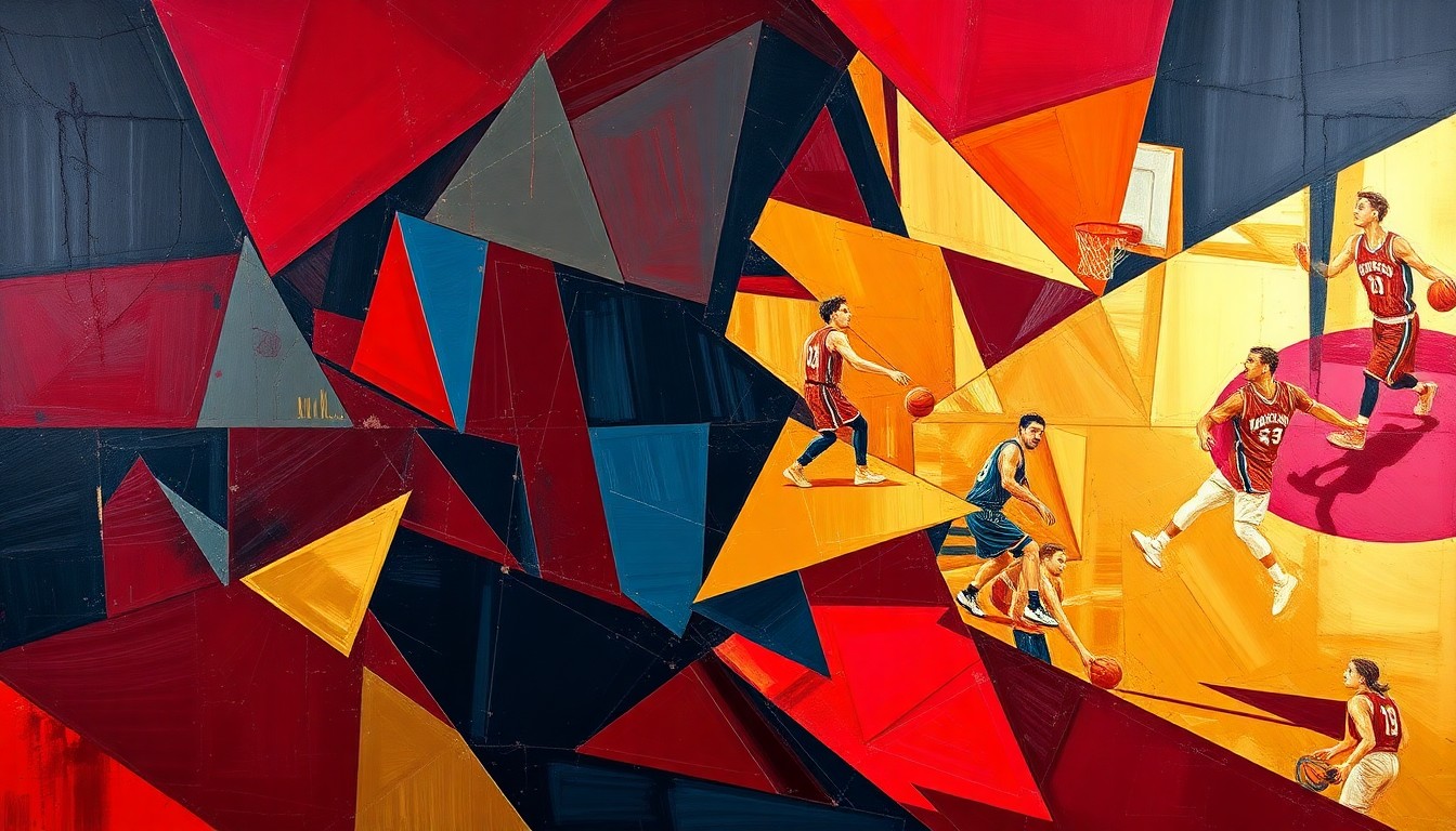 A cubist, geometric painting depicting a basketball game or playoff action, with sharp, overlapping planes of color representing the energy and intensity of the game.