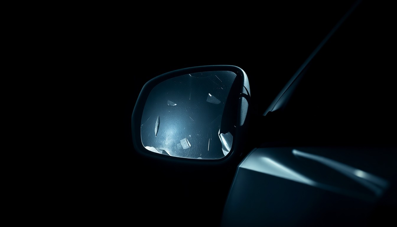An extreme close-up of a damaged police car mirror, reflecting a faint red light, conceptually illustrating the aftermath of a high-speed pursuit between law enforcement and a suspect.