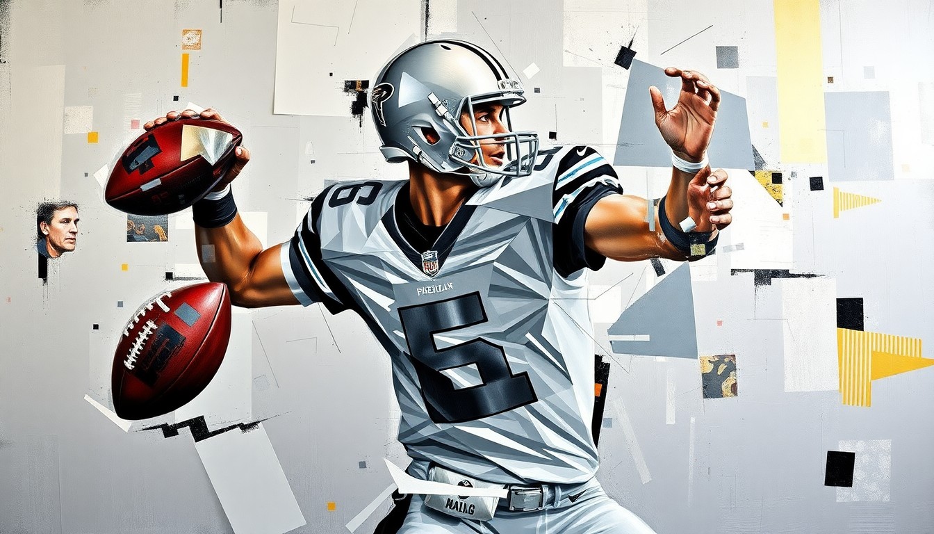 A cubist-style painting depicting a quarterback dropping back to pass, with sharp, overlapping geometric shapes in silver, black, and metallic tones, conveying the dynamic energy and strategic complexity of professional football.
