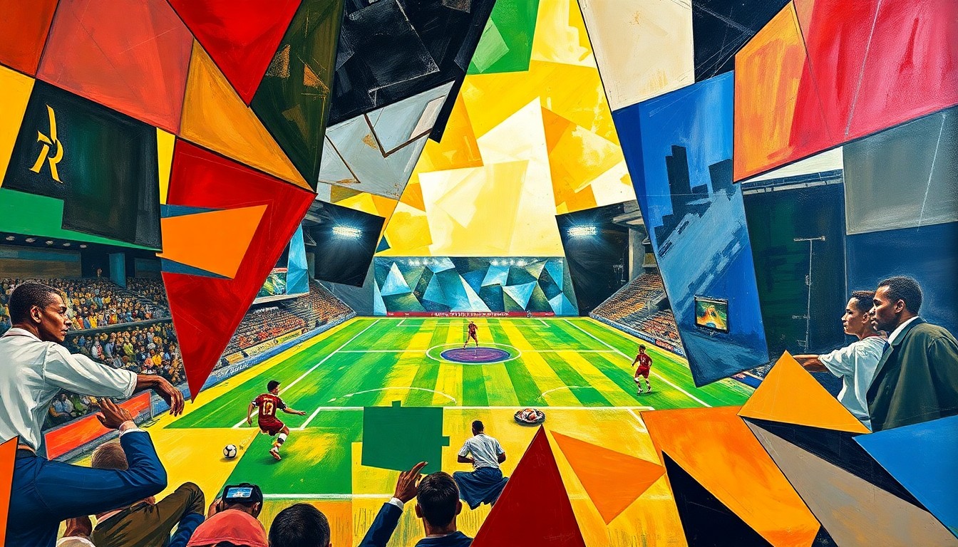 A vibrant, abstract painting featuring overlapping geometric shapes and planes in shades of green, blue, and orange, conceptually representing the intensity and dynamics of a high-stakes football match.
