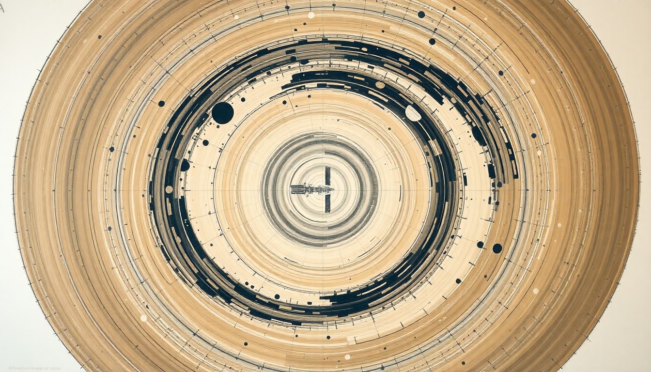 A bold, highly structured abstract painting in soft, earthy tones featuring sweeping geometric arcs, concentric circles, and precise spirals, conceptually representing the Cygnus spacecraft's journey to the International Space Station.