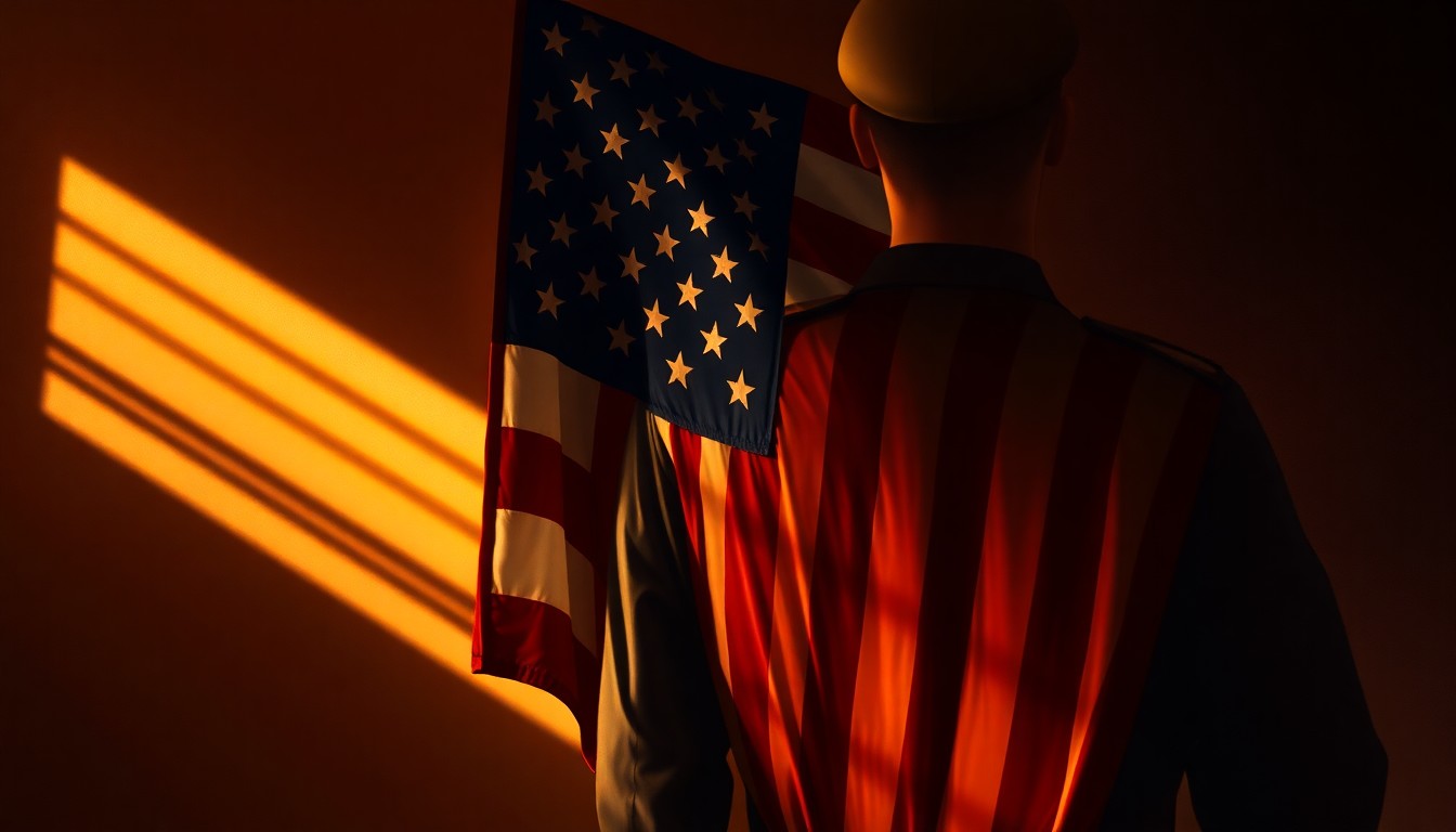 A somber, cinematic painting depicting an American flag draped over a military uniform, the scene bathed in warm, diagonal sunlight and deep shadows, conveying a sense of unease and the blending of religion and military power.
