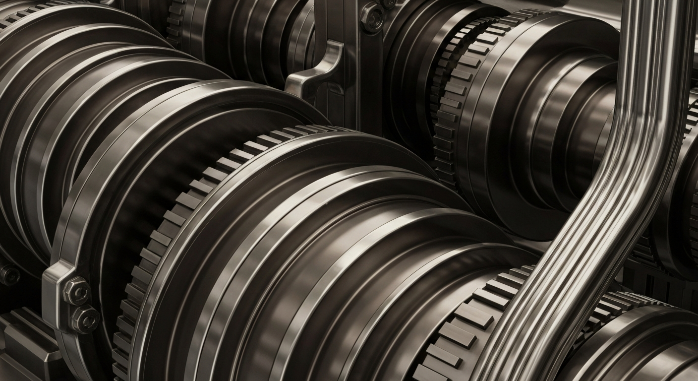 A cinematic close-up of heavy, polished banking machinery and mechanical components conveying a sense of institutional financial power and security without using literal currency or charts.