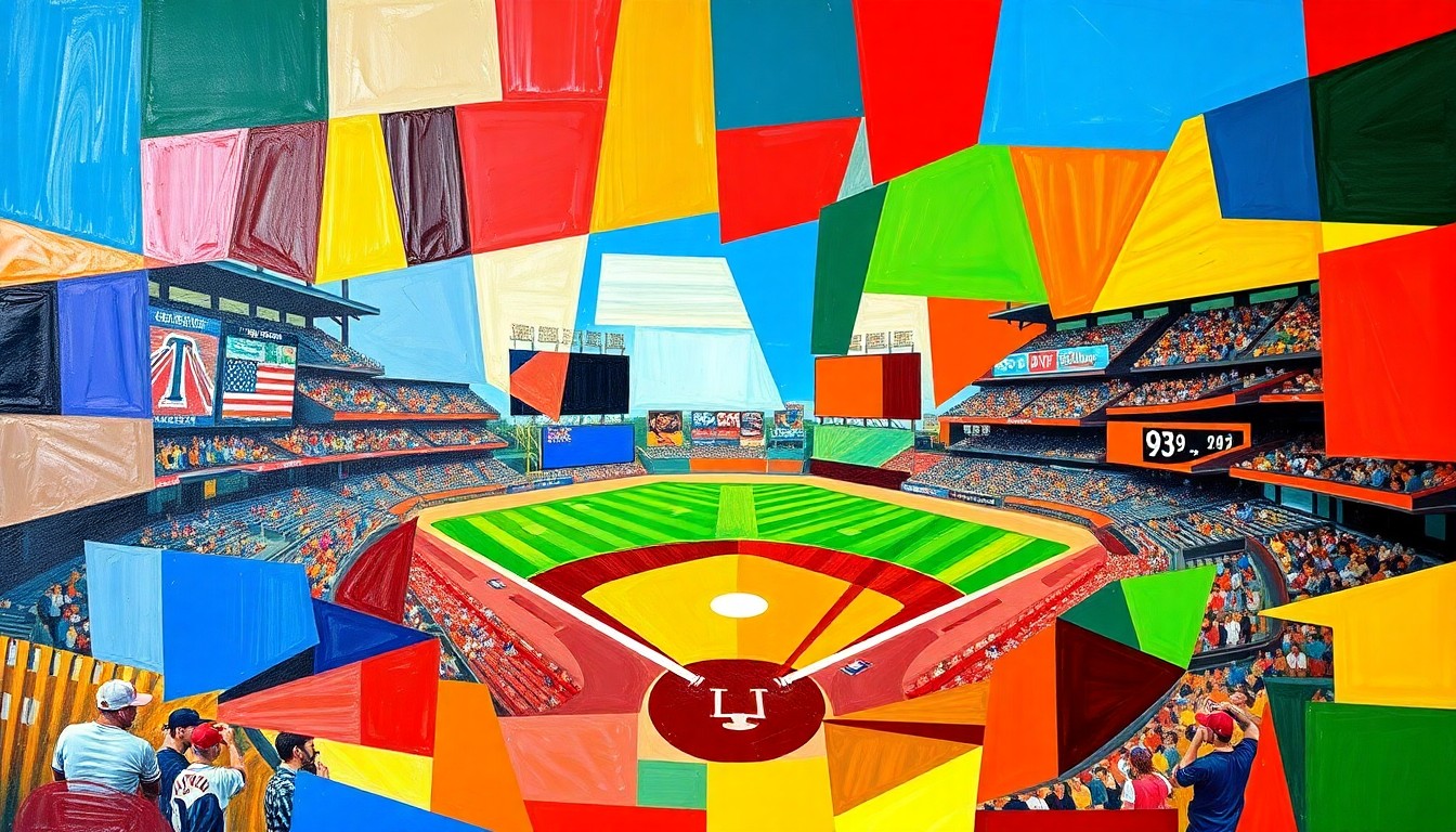 A vibrant, fractured painting featuring overlapping geometric shapes and planes of bright blue, red, and yellow, conceptually representing the dynamic action and energy of a college baseball game.