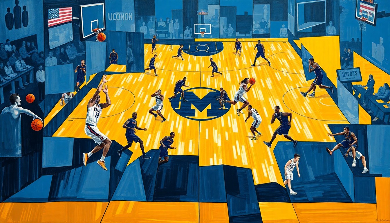 A cubist-style painting featuring overlapping geometric shapes and planes of color, representing the players, basketballs, and court lines of the UConn-Michigan national championship game in a dynamic, abstract composition.