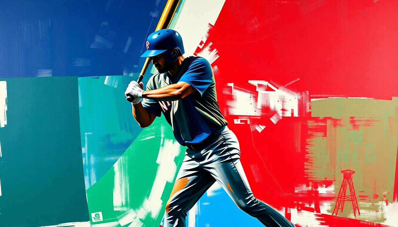 A fractured, geometric painting in bold, clashing colors depicting the dynamic motion of a baseball player's batting stance or swing, conveying the energy and potential of a young prospect.