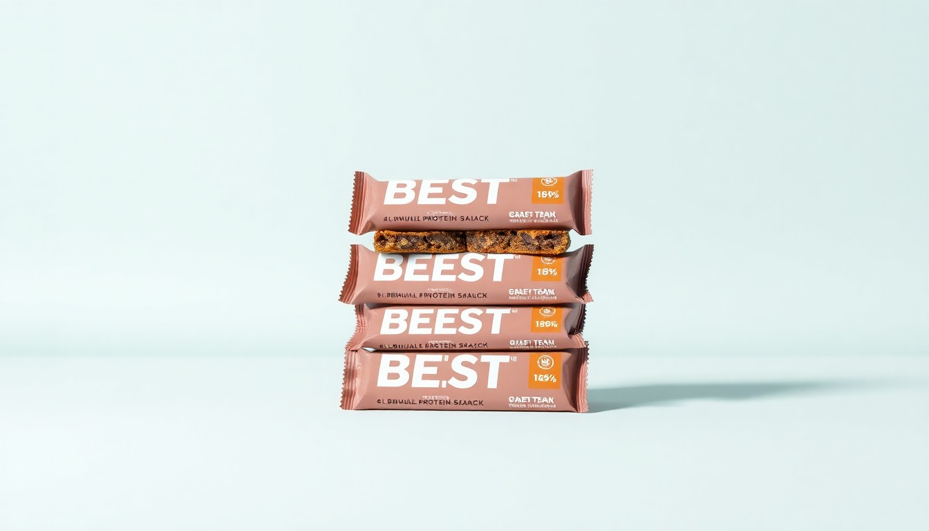 A high-end, photorealistic studio still-life photograph featuring a stack of BEEST Snacks protein bars in their packaging, arranged elegantly on a clean, monochromatic seamless background with sharp, dramatic lighting and deep shadows.