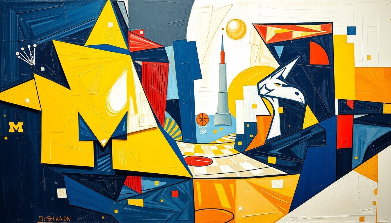 A cubist, geometric painting depicting the intense action and physicality of the championship basketball game, with the players and court fragmented into sharp, overlapping planes of color.