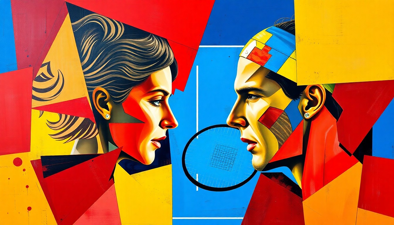 A cubist, geometric painting depicting a tennis match between Iga Świątek and Rafael Nadal, with sharp, overlapping planes of vibrant colors representing the dynamic movement and energy of the sport.