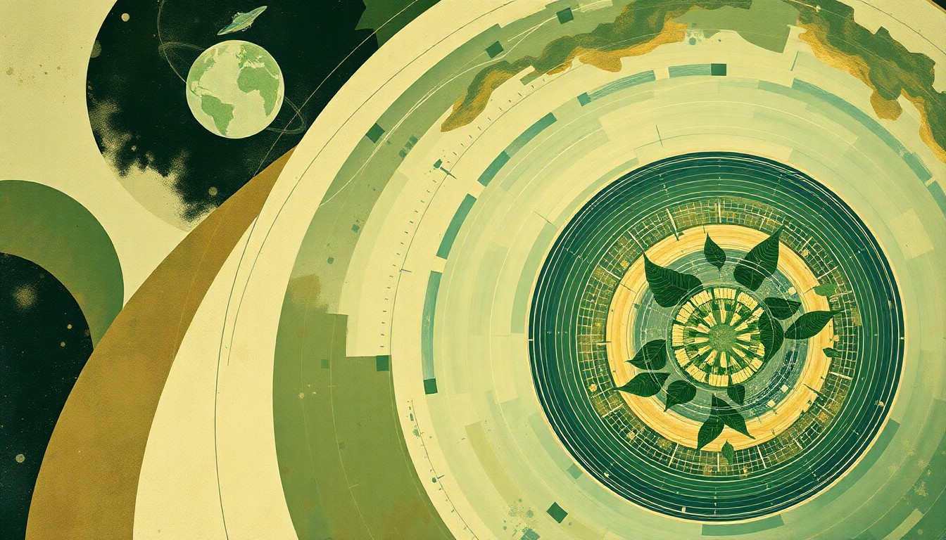 An abstract painting featuring sweeping geometric shapes and organic forms in shades of green, blue, and brown, conveying the complex, interconnected systems of space exploration.