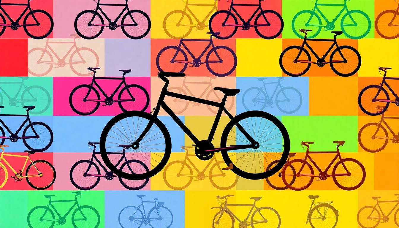 A bold, graphic illustration of a bicycle icon repeated in a grid pattern, using bright neon colors and heavy black outlines to create a stylized, pop art representation of the new bike safety initiative.