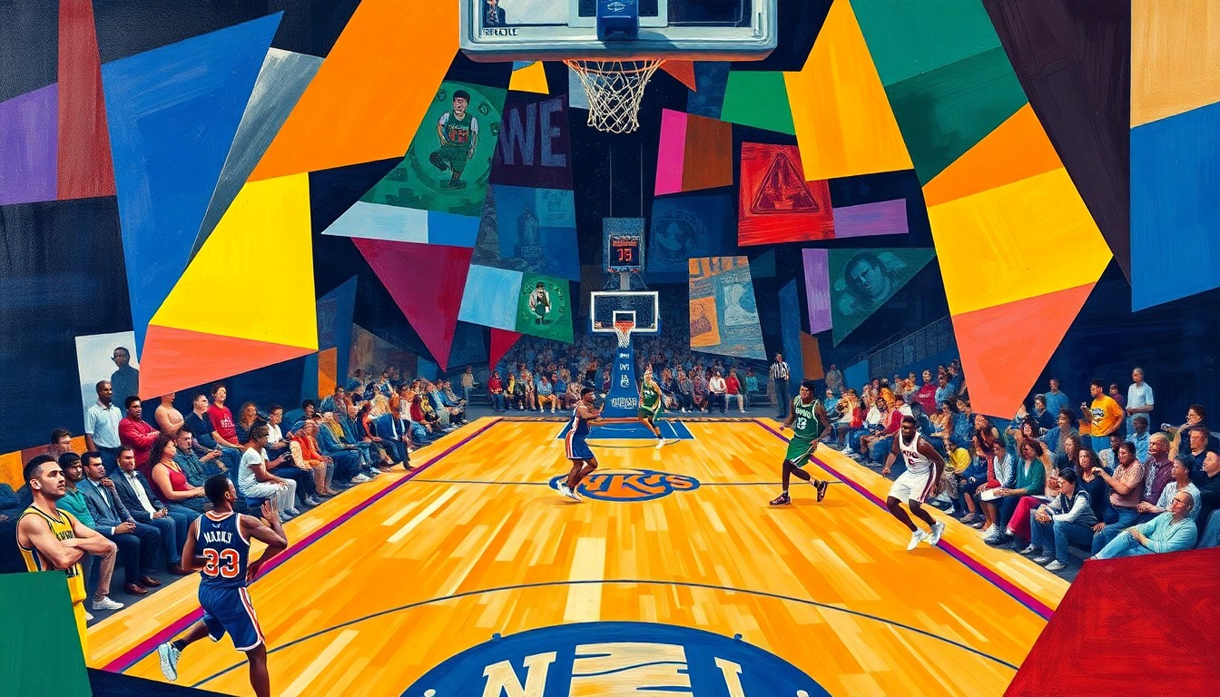 A cubist, geometric painting depicting a fragmented basketball game, with the sharp planes and overlapping shapes representing the competitive tension between the Knicks and Celtics as they battle for playoff positioning.