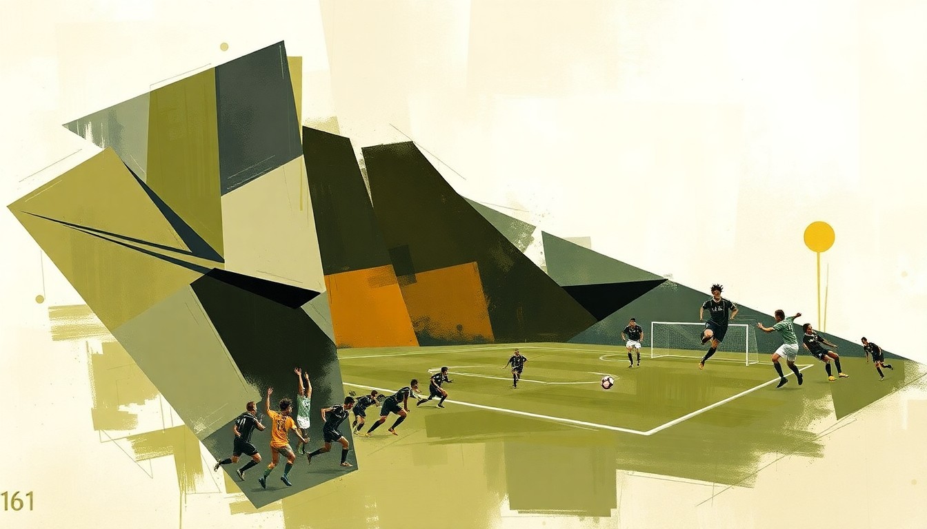 A fragmented, geometric painting depicting a soccer player in motion, their form broken down into sharp, overlapping planes of muted colors.