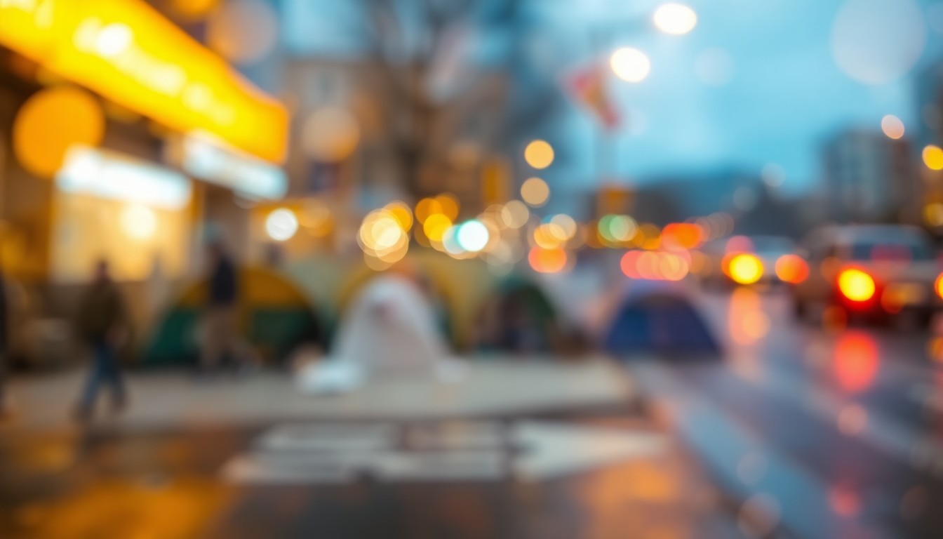 An abstract, impressionistic scene of a blurred urban street with indistinct figures and structures, conveying the mood of homelessness and the community's anticipation for the new shelter.