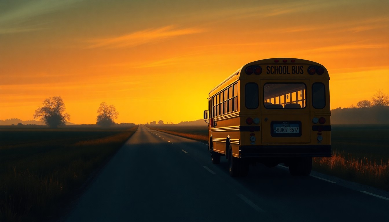 A serene, nostalgic painting of an empty school bus parked on a rural road, with warm sunlight and deep shadows creating a contemplative mood around the vehicle.