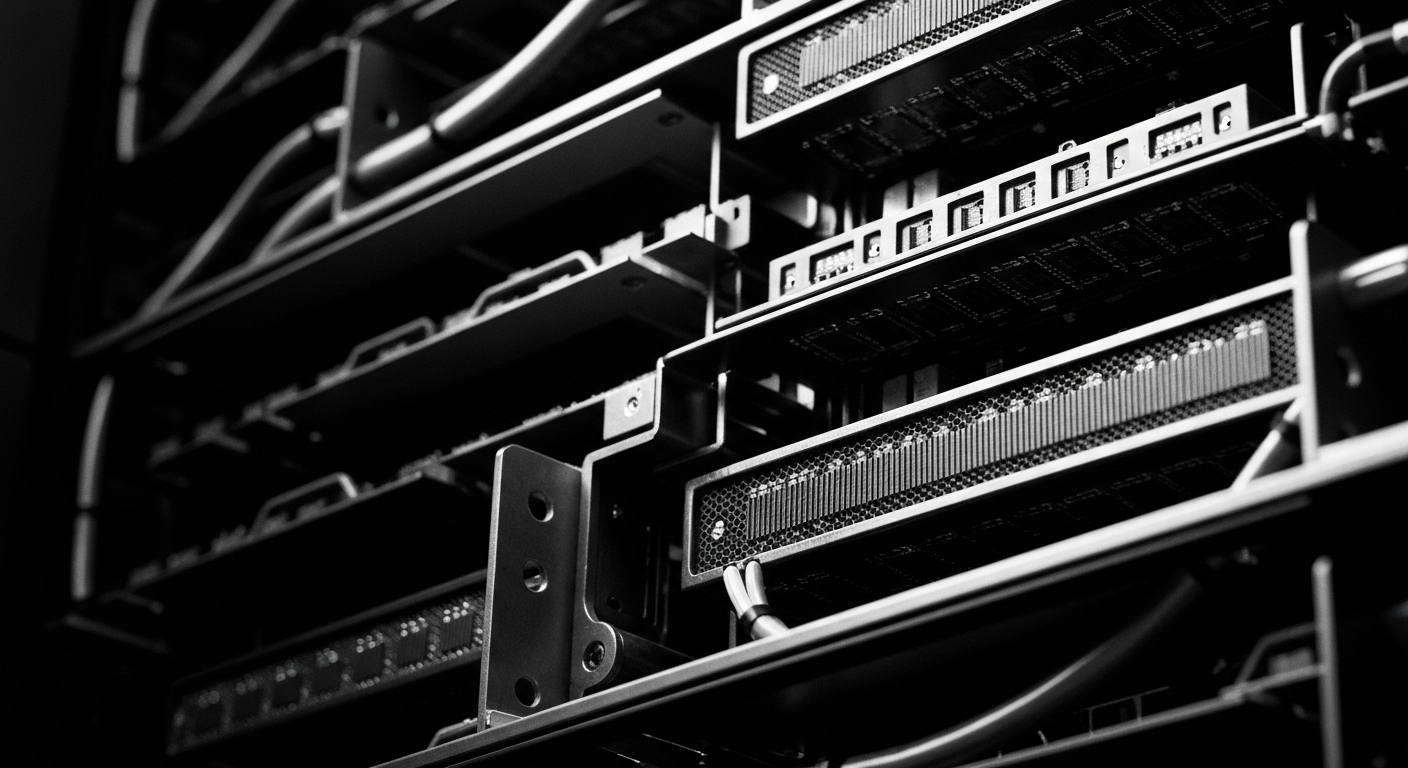 A high-contrast, close-up image of the internal components and hardware of a data server, conveying the complex technology that underpins ZoomInfo's data-driven business.