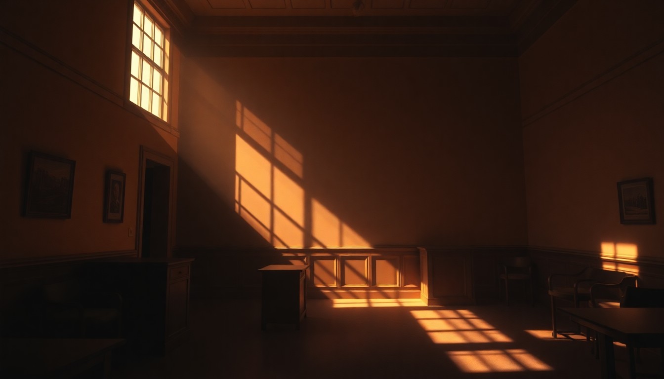 A dimly lit academic office or lecture hall, with a lone desk or podium bathed in warm, golden light from a window, evoking a sense of quiet contemplation and the weight of history.