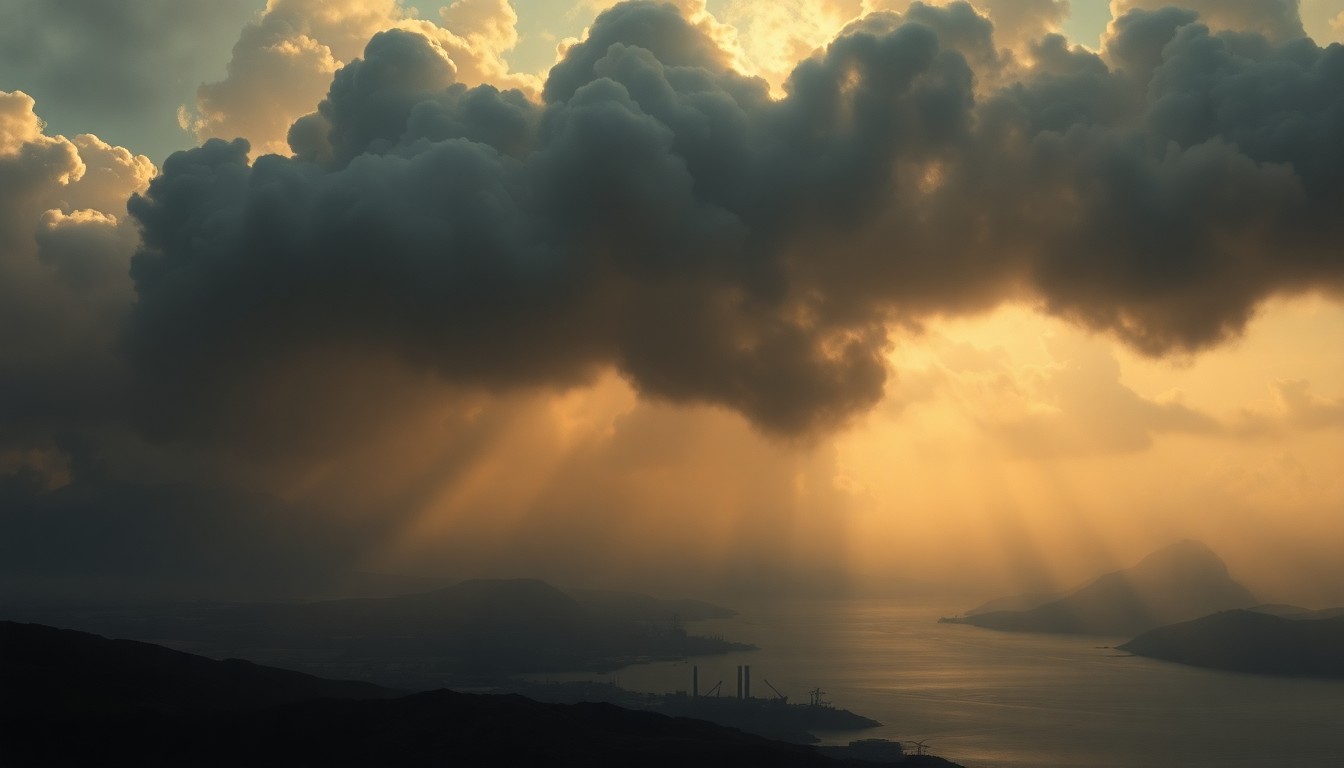 A dramatic landscape painting featuring a massive, billowing cloud of dark smoke rising over an industrial facility along the coast, conveying the overwhelming power and scale of the natural world.
