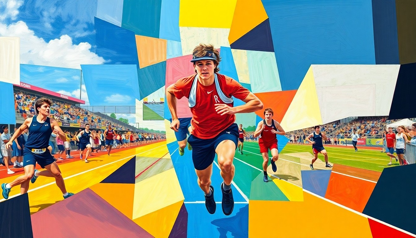 A fragmented, geometric painting in bold primary colors depicting an abstract track and field competition, conceptually representing the postponement of the Bob Judson Invite.