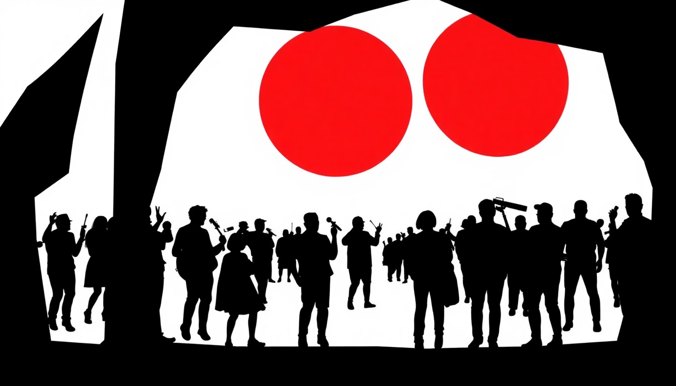 A dynamic, abstract composition of geometric shapes and silhouettes in bold, contrasting colors, capturing the energy and diversity of the Coachella music festival.