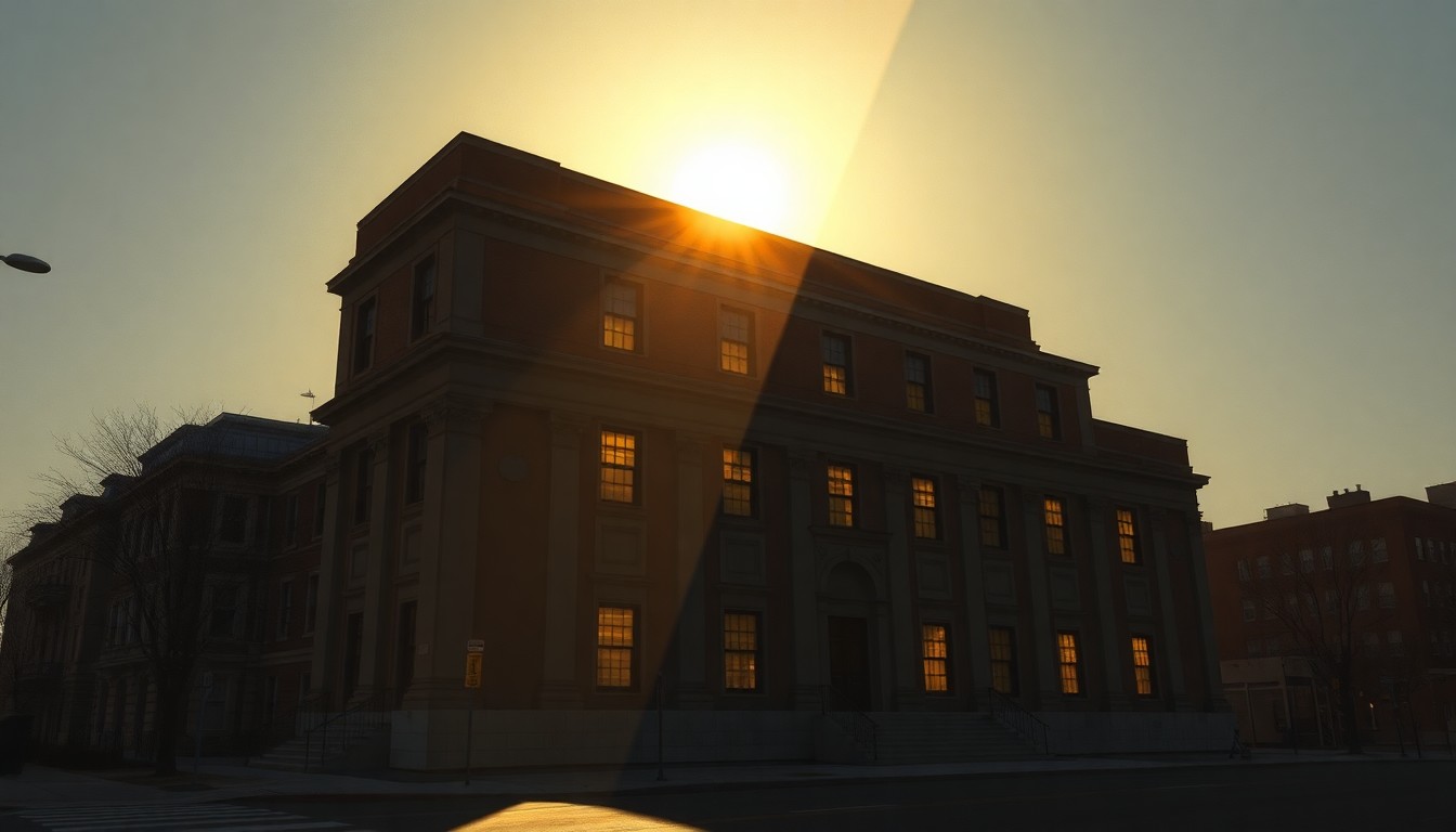 A serene, painterly depiction of Baltimore City Hall, its facade illuminated by warm, angled sunlight and cast in deep shadows, conveying a sense of civic contemplation and the need for transparency.