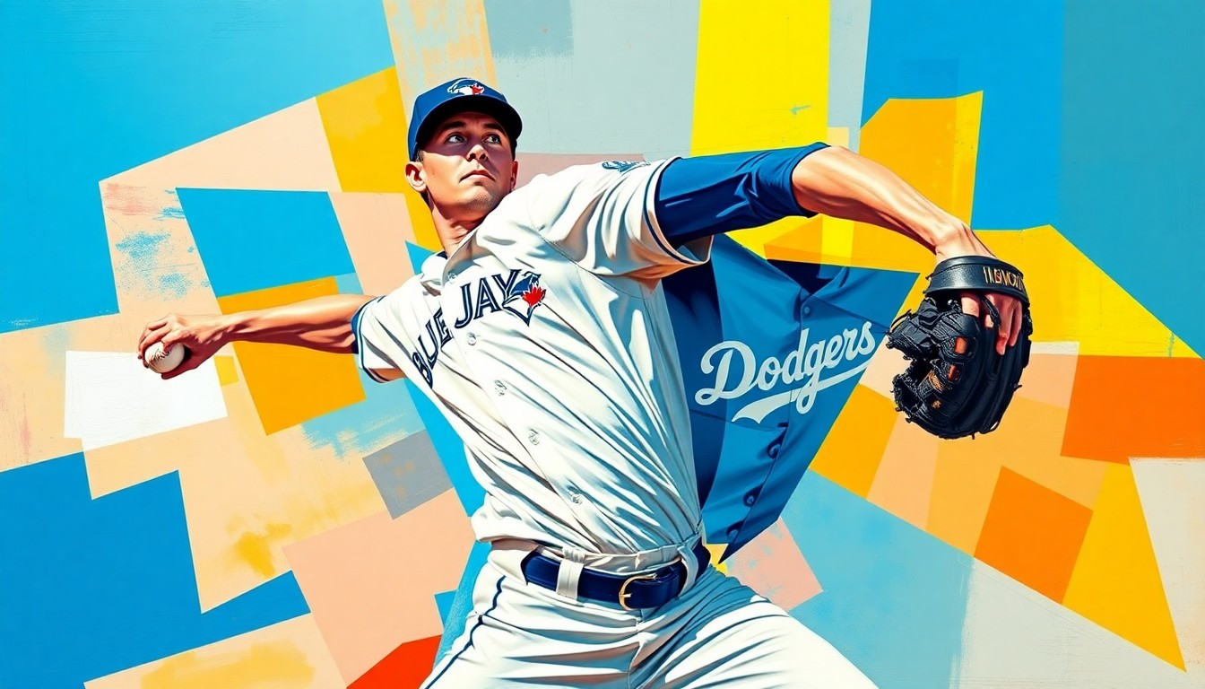 A cubist-style painting depicting a baseball pitcher's motion broken down into sharp, overlapping geometric shapes in the team colors of the Blue Jays and Dodgers, conveying the complex challenges of managing a veteran pitcher's health and workload.