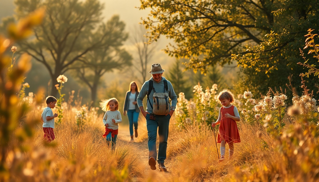 An abstract, blurred photograph in shades of green, brown, and orange, capturing the essence of families exploring an outdoor setting filled with plants, animals, and natural elements.