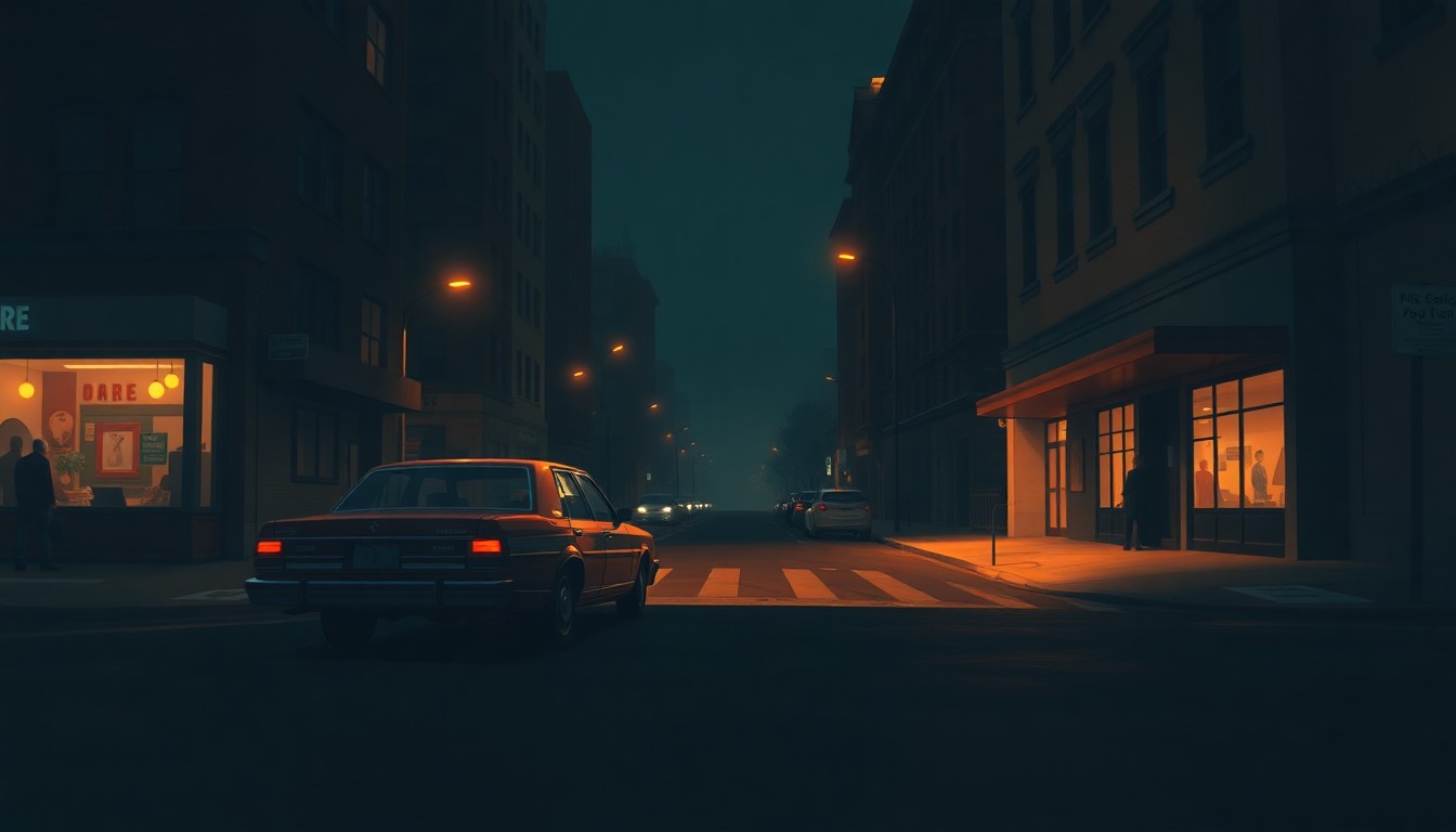 A realistic, moody painting of a lone immigration enforcement vehicle parked on a dimly lit city street, with warm sunlight and deep shadows creating a sense of quiet tension and unease.