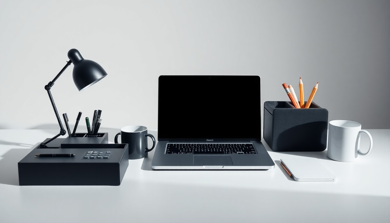 A high-end, photorealistic studio still-life photograph featuring a neatly arranged collection of premium business objects, including a laptop, a desk organizer, and a coffee mug, all set against a clean, monochromatic background and dramatically lit with sharp shadows, conceptually representing the precision and professionalism of Ecom Accelerator's USA-based operations.