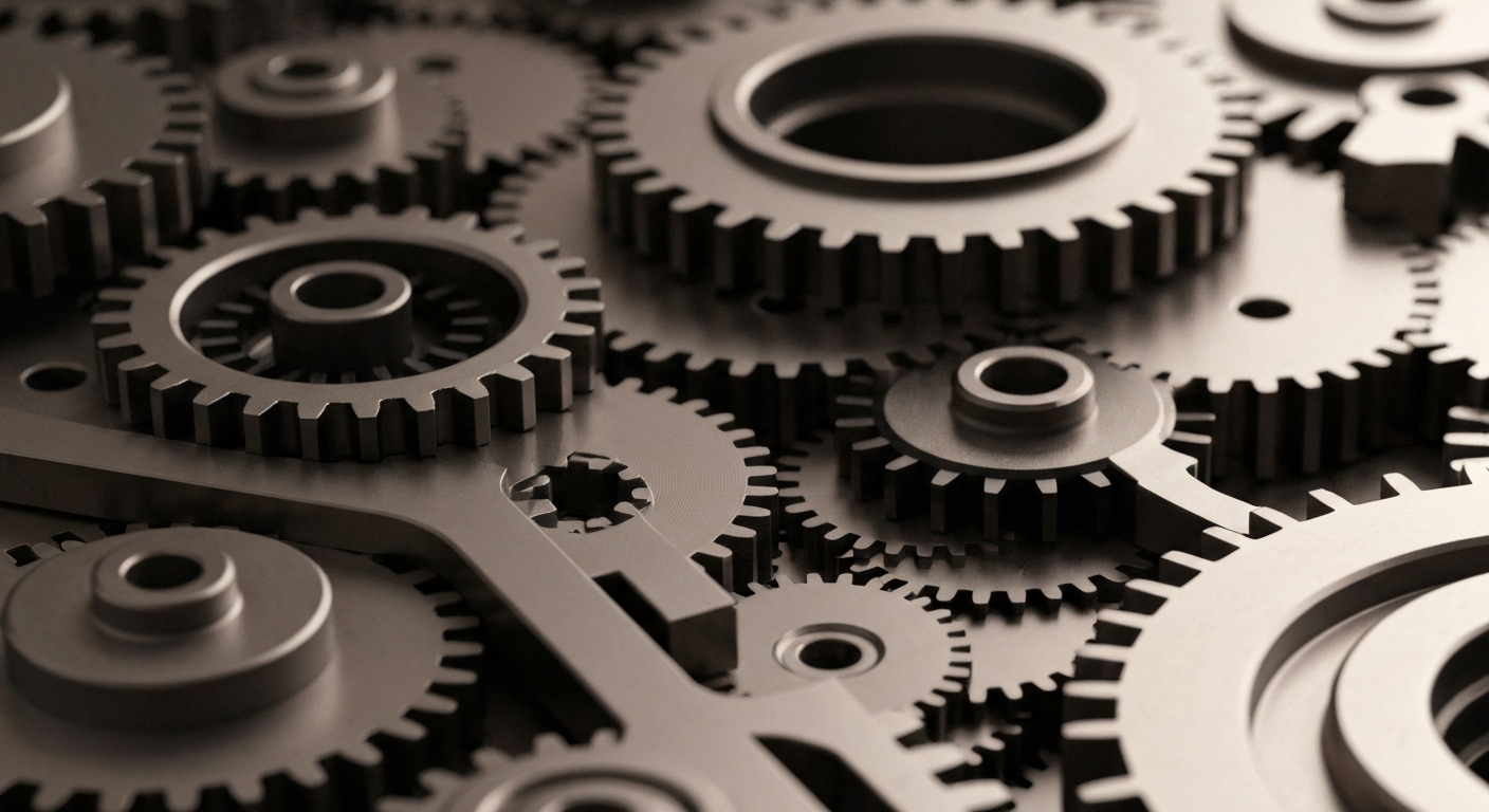 An extreme close-up of heavy, industrial-looking gears and mechanical components in shades of steel gray, bronze, and black, conceptually representing the complex financial infrastructure and machinery behind a major biotech capital raise.