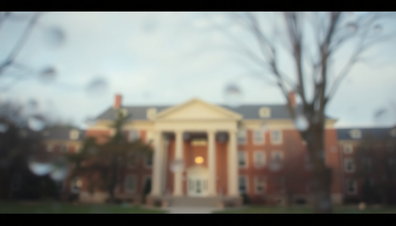 An impressionistic, out-of-focus photograph showing the blurred outline of a college campus building, with soft pools of warm light and color creating a dreamlike, introspective atmosphere.