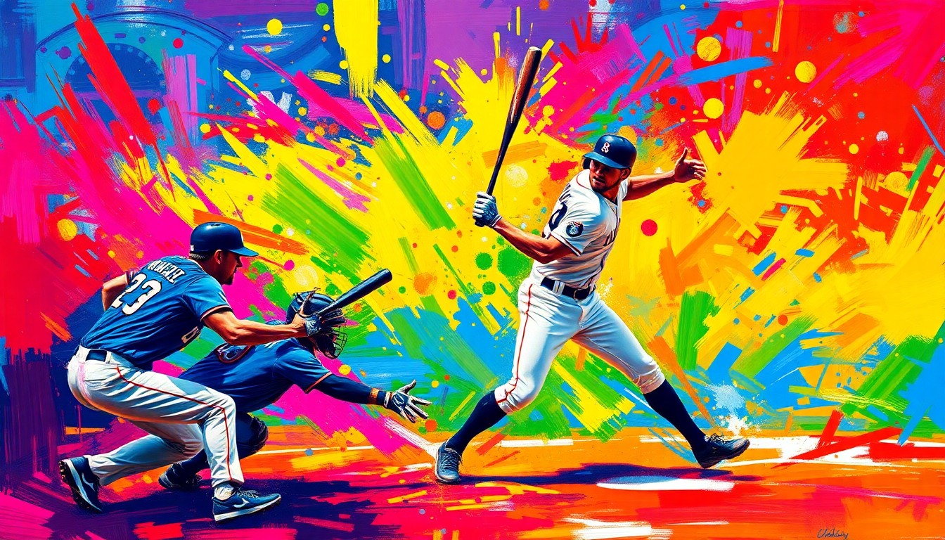 An abstract, expressionist painting in neon colors depicting the dynamic motion and energy of a baseball game, with players' forms dissolving into vibrant brushstrokes.