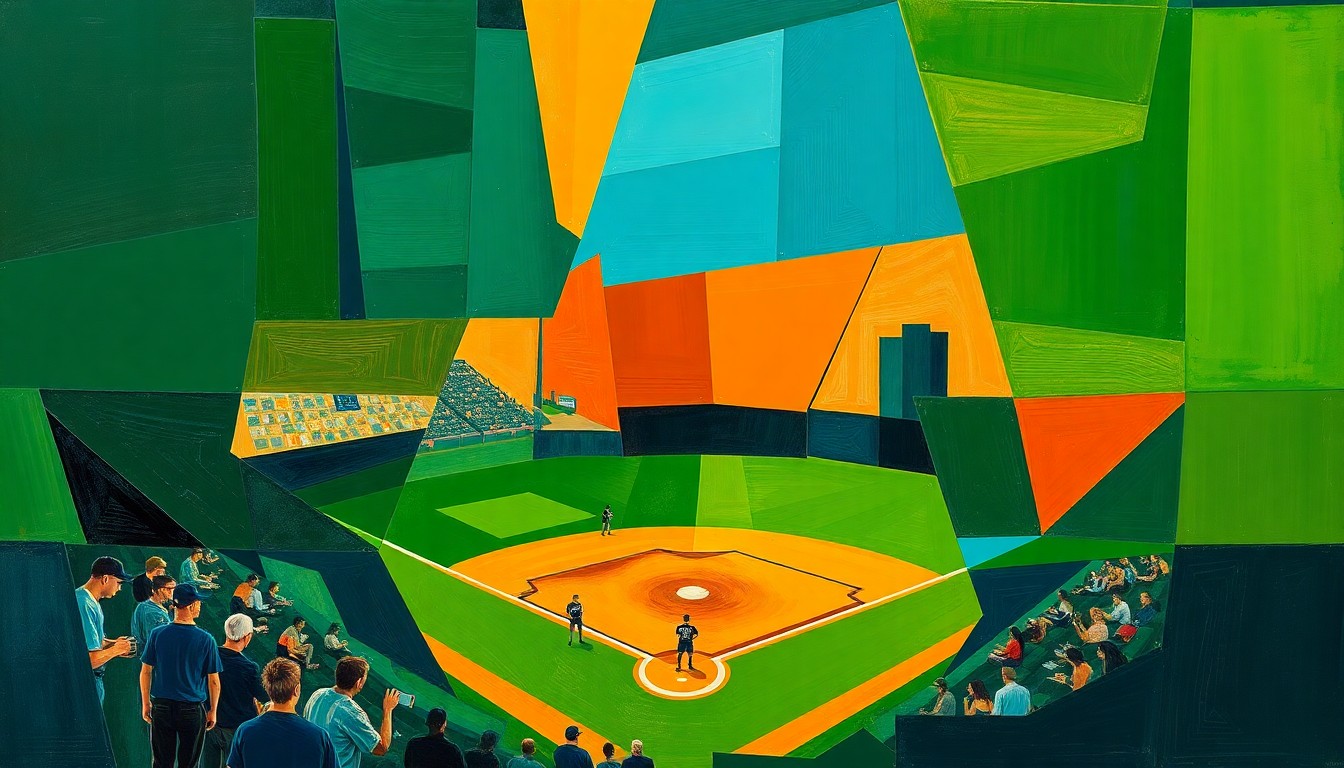 A cubist, geometric painting depicting a high school baseball game, with overlapping planes of color representing the dynamic action on the field.