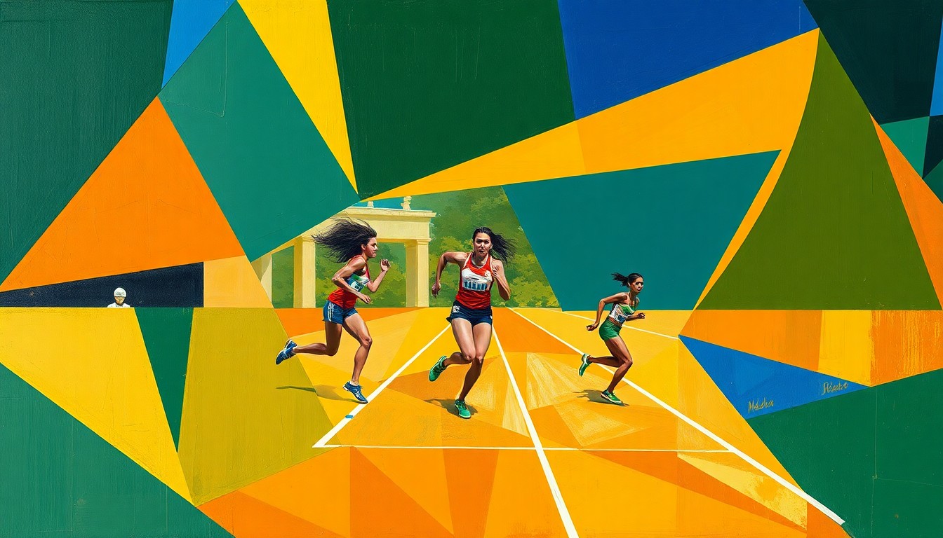 A cubist-style painting depicting a fragmented, geometric interpretation of a women's track and field competition, with overlapping planes of color representing the dynamic motion and energy of the event.