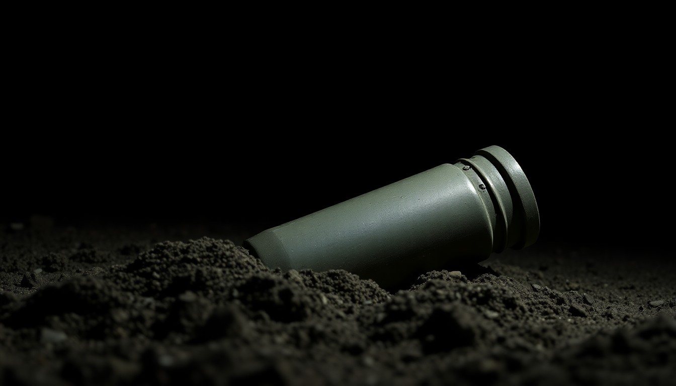 An extreme close-up photograph of a partially buried metal mortar round, its textured surface and metallic sheen filling the frame against a pitch-black background, creating a stark, gritty, investigative aesthetic.