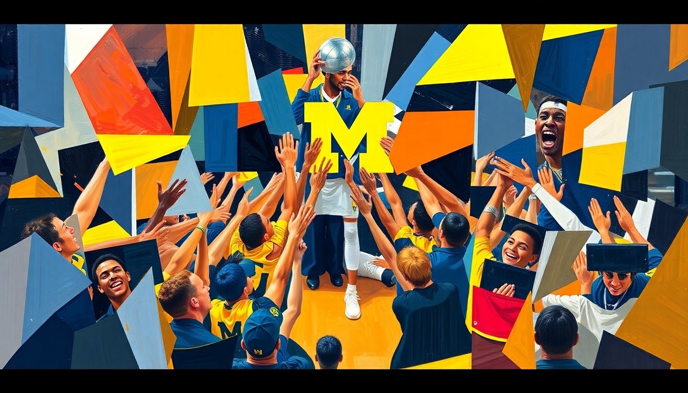 A cubist, geometric painting depicting the Michigan basketball team's championship victory, with sharp planes of color and overlapping shapes representing the team's collective effort and perseverance.