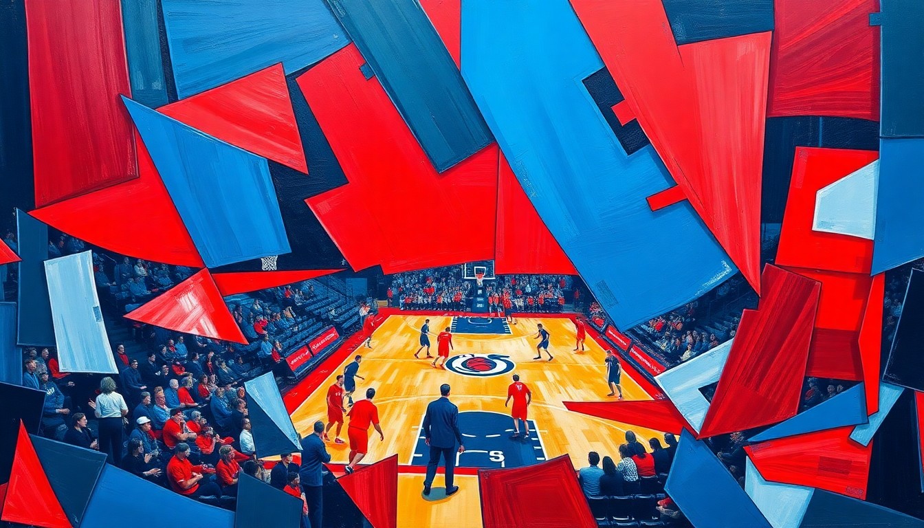 A cubist, geometric painting depicting a basketball game or match, with sharp, overlapping planes of vibrant blue and red colors representing the UConn Huskies. The fragmented, multi-perspective style conceptually illustrates the intensity and emotion of Karaban's final game for the program.
