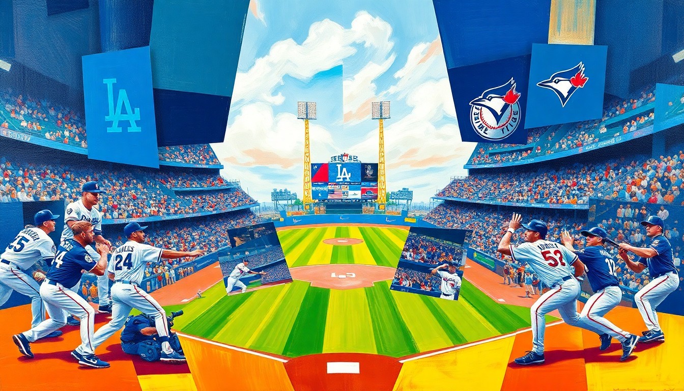 A fragmented, cubist-style painting depicting a baseball game between the Dodgers and Blue Jays, with the players and field broken down into overlapping geometric shapes and planes of vibrant blue, white, and red colors.