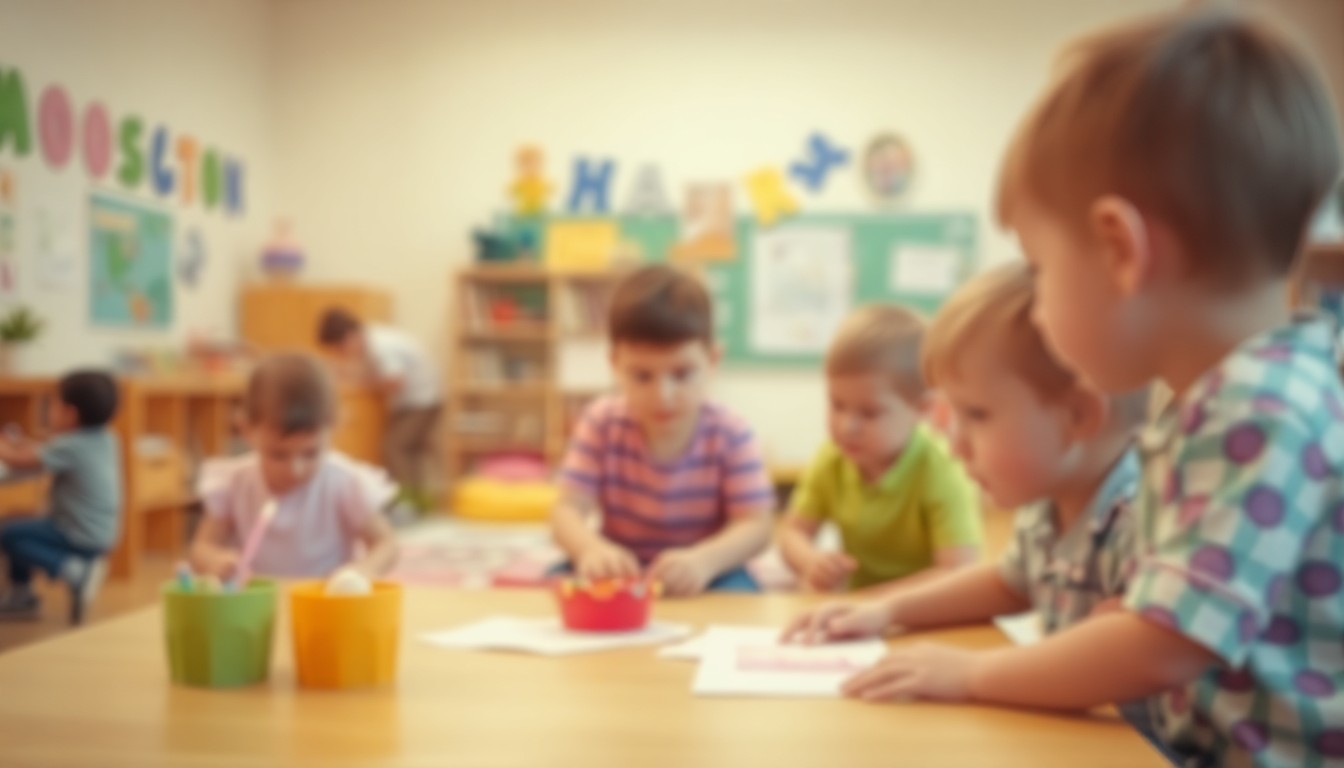 An abstract, impressionistic photograph in soft, hazy tones showing the silhouettes of young children engaged in playful learning activities, conveying the nurturing atmosphere of an early childhood education setting.