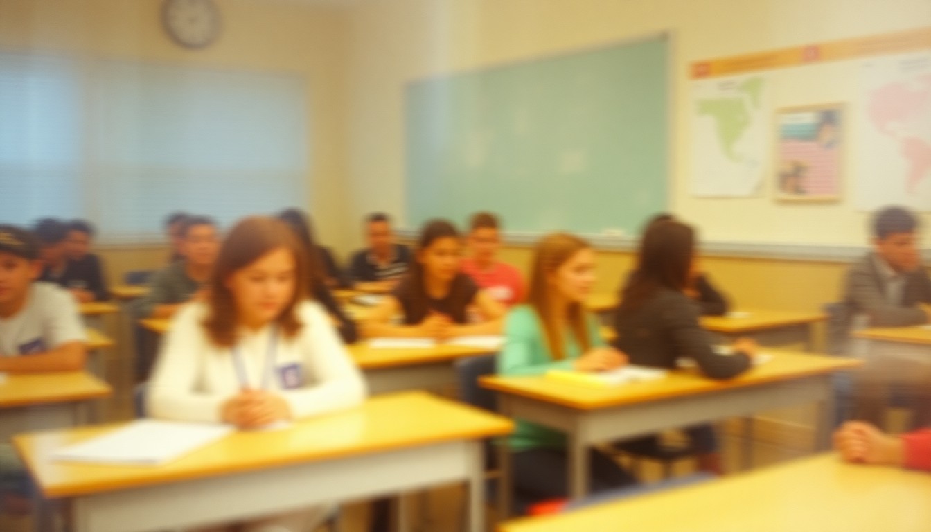 An abstract, out-of-focus scene of students in a classroom, with soft, warm pools of light and color, conveying the concept of a specialized educational setting.